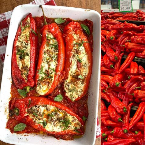 Long Red Pepper Recipes, Long Sweet Pepper Recipes, Stuffed Red Peppers With Ricotta, Sweet Palermo Peppers Recipe, Marinated Roasted Red Peppers, Italian Stuffed Cubanelle Peppers, Herby Ricotta Stuffed Peppers, Grandmas Stuffed Peppers, Tomatoes Dinner