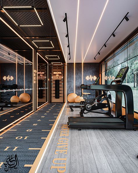 home gym on Behance House Gym Room Luxury, Luxury Home Gym Mansions, Gym Interiors Modern, Gym Place Interior Design, Fancy Gym Design, Aesthetic Gym Interior, Studio Gym Ideas, Modern Home Gym Interior Design, Gym Aesthetic Design