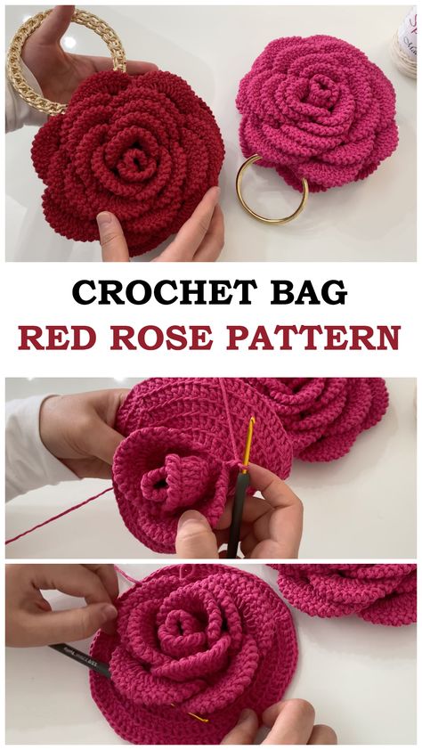 Diy Crochet Rose Free Pattern, Crochet Rose Graphgan, Crochet Red Yarn Projects, Crochet Rose Purse, Crochet Rose Motif, Crochet Rose Bag Pattern, Crochet Roses Free Pattern Written, Crochet Rose Pillow Pattern Free, Crochet Black Rose