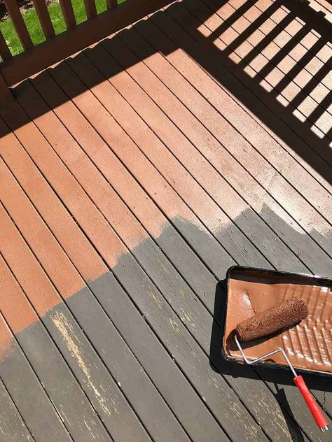 If your old deck is badly in need of a makeover, consider restoring it with this resurfacing product. You don't need to power wash or strip paint, it will go right over it and seal all those splinters and cracks. The best part is that it's cheap and can be done in a weekend! Painted Wood Deck, Deck Paint Colors, Deck Restoration, Deck Repair, Deck Makeover, Stripping Paint, Deck Colors, Wooden Deck, Deck Paint