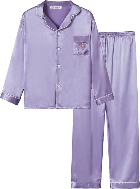 Amazon.com: Satin Pajamas for Girls – Coat Style Unicorn Long Sleeve Silk Button Down PJ Set Size 6-16: Clothing, Shoes & Jewelry Purple Pjs, Pajamas For Girls, Pajamas Aesthetic, Purple Pajamas, Silk Pjs, Dr Closet, Silky Pajamas, Pajama Day, White Pajamas