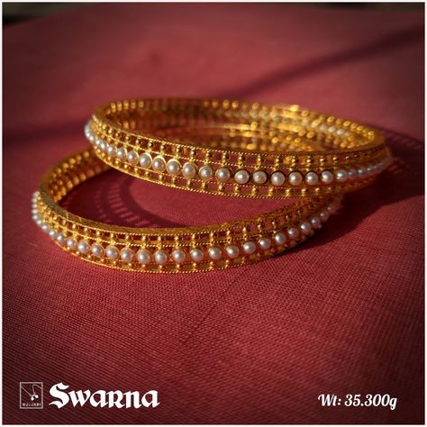 Gold Pearl Bangles Indian Design, Pearl Bangles Design, Karimani Bangle Designs, Pearl Bangles Indian Gold, Pearl Bangle Designs, Gold Pearl Bangles, Swarna Jewellers, Pearl Bangles Gold, Pearl Bangles