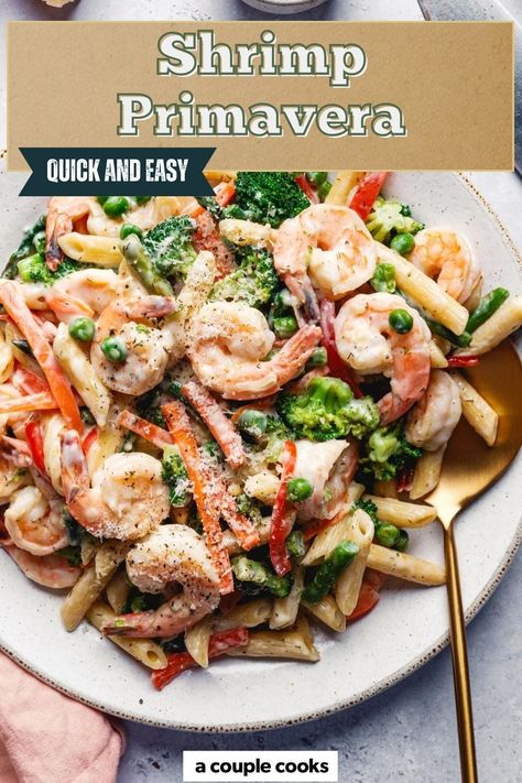 This shrimp primavera is packed with fresh veggies and juicy shrimp, all tossed in a light and delicious sauce! Ready in 30 minutes, it’s a fun and flavorful weeknight dinner idea. Shrimp Primavera, Shrimp Pasta Primavera, Seafood Delight, Vegan Brunch Recipes, Vegan Seafood, Best Fish Recipes, Spicy Shrimp Tacos, Grilled Shrimp Skewers, Winter Salad Recipes