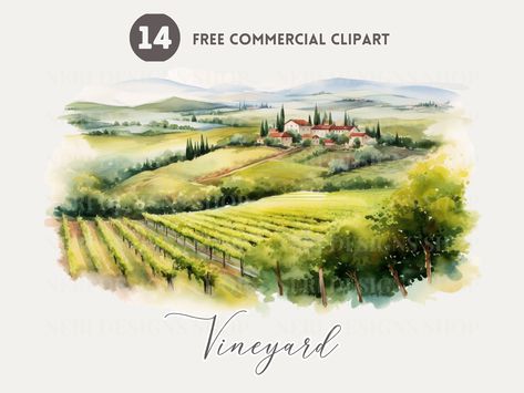 Illustration Countryside, Watercolor Switzerland, Vineyard Drawing, Vineyard Watercolor, Tuscany Watercolor Landscape, Vineyard Paintings Landscapes, Scenery Illustration, Vineyard Landscape, Landscape Clipart