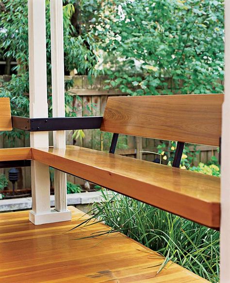 Built In Wood Bench Outdoor, Deck Bench Seating With Back, Balcony Bench Seating, Bench Railing, Creative Bench, Deck Bench Seating, Porch Railing Ideas, Back Porch Makeover, Porch Seating