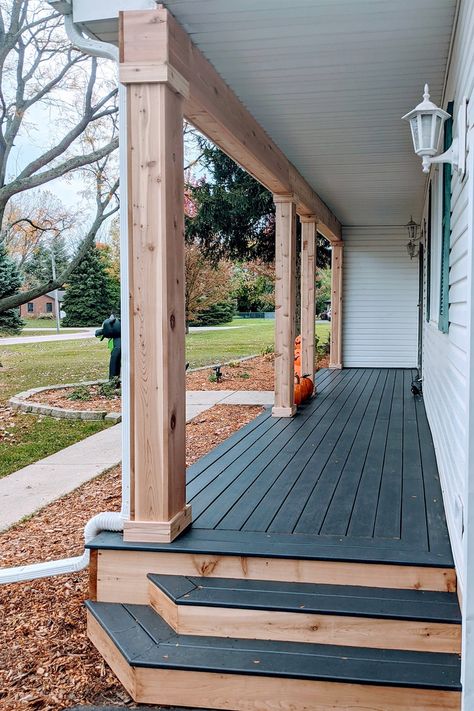 Front Porch With Steps All Around, Beam Porch Ideas, Front Wood Porch Ideas, Front Porch Update Before And After, Wood Front Porch Design, Cedar Wood Posts Front Porch, Outdoor Remodel Ideas, Black Stained Front Porch, Raised Front Porch Design