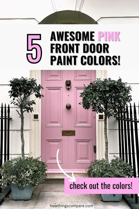 Mauve Front Door Colors, White House Gray Trim, Painted Front Door Ideas, Exterior Home Color Schemes, Coral Front Doors, Bold Front Door, Light Blue Houses, Blue Shed, Front Door Paint