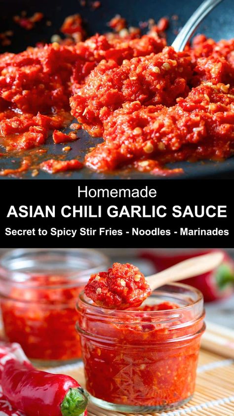 Spice up your dishes with a fiery Asian Chili Garlic Sauce! Try this quick and easy homemade spicy condiment. Perfect for stir fries, rice, soups & more. Heat up your culinary adventures by learning how to make batch at home today. Asian Chili Sauce Recipes, Chile Garlic Sauce, Chili Garlic Paste Recipe, Huy Fong Chili Garlic Sauce Recipes, Garlic Chili Paste Recipe, Homemade Chili Garlic Sauce, Chilli Garlic Sauce Recipe, Garlic Chili Sauce Recipe, Chinese Chili Sauce Recipe