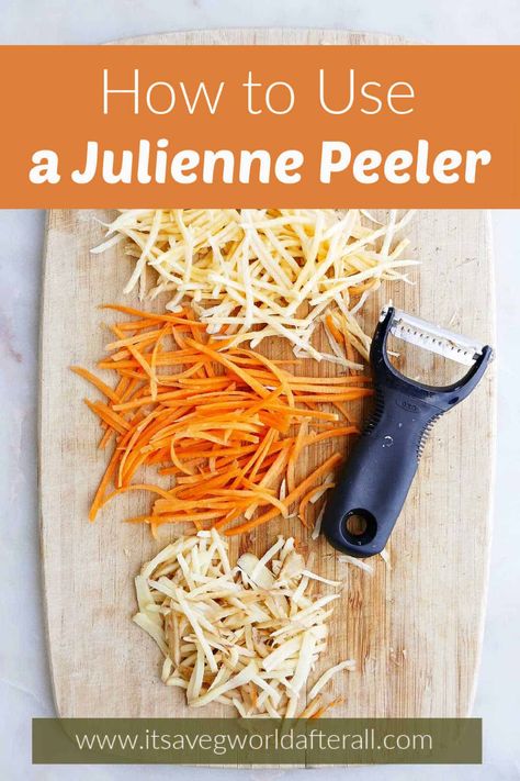 Learn how to use a julienne peeler to make perfectly julienned veggies, such as root vegetables, carrots, zucchini, and potatoes, in this step-by-step tutorial. Photos, video, and equipment recommendations are included. How To Julienne Carrots, Paleo Vegetable Recipes, Julienne Carrots, Zucchini And Potatoes, Healthy Pantry Staples, Julienne Vegetables, Paleo Vegetables, Gluten Free Vegetables, Zucchini Recipes Healthy