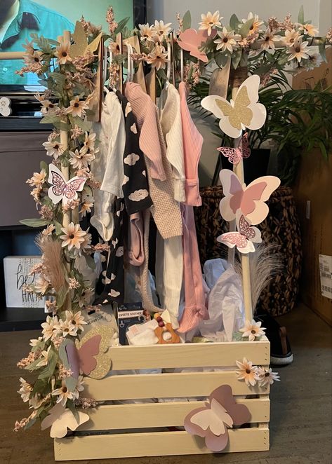 Baby Shower Crate Gift Basket Butterfly, Gift Box Storage, Baby Clothing Rack Gift Basket, Wood Crate Gift Basket, Baby Shower Baskets Girl, Baby Girl Crate Gift Ideas, Baby Shower Clothing Rack, Baby Clothes Rack Gift Basket, Baby Shower Wardrobe Gift