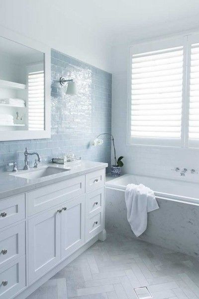 Hamptons Bathrooms, Hampton Style Bathrooms, Hamptons Style Bathroom, Blue White Bathrooms, Grey And White Bathroom, Blue Bathroom Tile, Rustic Bathroom Shelves, House Bathrooms, Bathroom Redesign