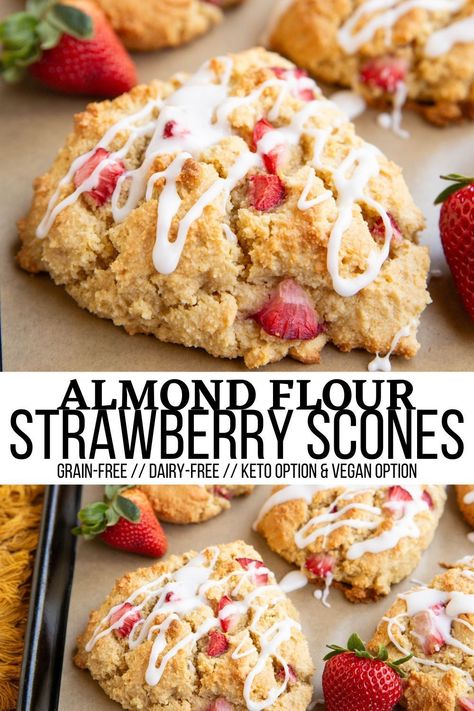 Easy Almond Flour Strawberry Scones made grain-free and dairy-free with a keto option. Soft and moist on the inside, crispy on the outside! This easy one-bowl scone recipe requires zero baking experience! #grainfree #paleo #strawberry #healthy Healthy Gluten Free Treats, Almond Flour Baked Goods, Healthy Scone Recipe, Keto Scones Recipe Easy, Almond Flour Strawberry Recipes, Scones With Almond Flour, Keto No Dairy Recipes, Healthy Gf Desserts, Gluten Free Strawberry Recipes