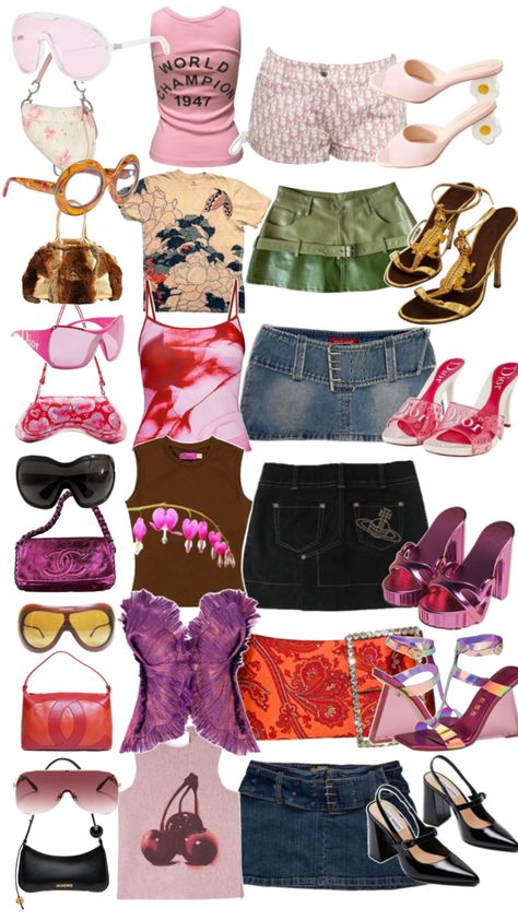 This moodboard is a Y2K fashion dream! It's packed with retro vibes, from cute crop tops and mini skirts to fun accessories like bold sunglasses and chunky heels. Think pink, red, denim, and playful prints. Whether you love casual, chic or glam looks, there's something here for everyone. Perfect for those into Y2K fashion, retro outfit inspo, mini skirts, cute crop tops, and bold accessories. Dive into this playful mix and match for some serious style inspiration! Bold Prints Outfit, Y2k Denim Skirt Outfit, Mini Skirt Outfit Aesthetic, Y2k Mini Skirt Outfit, Timbs Outfits, Denim Skirt Outfit Summer, Denim Mini Skirt Outfit, Y2k Party Outfit, Y2k Inspired Outfit