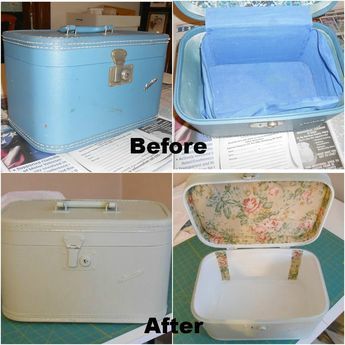 365 Days and Other Ramblings: vintage train case makeover Train Case Makeover, Vintage Suitcase Decor, Painted Suitcase, Trunk Makeover, Suitcase Table, Suitcase Decor, Old Luggage, Diy Suitcase, Vintage Train Case