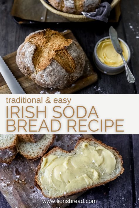 Two photos of traditional irish soda bread one with a slice of bread that has been buttered with the words "traditional & easy Irish soda bread recipe" in the foreground Pioneer Woman Irish Soda Bread, Homemade Soda Bread, St Patrick’s Day Soda Bread, Essen, Quick Irish Soda Bread, Green Bread St Patrick, Best Irish Soda Bread Recipe, Healthy Irish Soda Bread, Authentic Irish Soda Bread