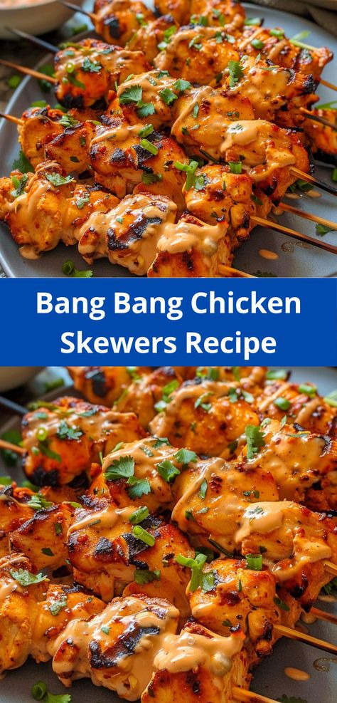 Enjoy spicy Bang Bang Chicken Skewers, a quick and easy meal packed with flavor! Essen, Spicy Chicken Skewers, Bang Bang Chicken Skewers, Bang Bang Sauce, Bang Bang Chicken, Chicken Skewer Recipe, Popular Dinner Recipes, Skewer Recipes, Favorite Recipes Dinner