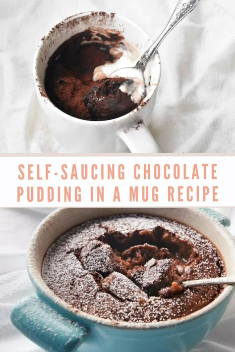 Mug Pudding Microwave, Microwave Self Saucing Pudding, College Desserts, Quick Chocolate Pudding, Microwave Pudding, Pudding For One, Microwave Chocolate Pudding, Pudding In A Mug, Microwave Cakes