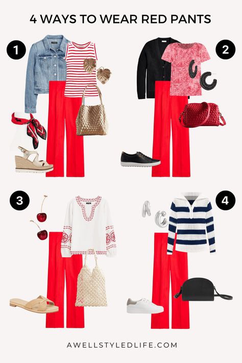 This week I am musing about fashion that I spotted while traveling this summer and 4 ways to wear red pants. Red Pant Outfits For Women, How To Wear Red Pants, Red Style Outfit, What To Wear With Red Pants, How To Style Red Pants, Red Pants Outfit Summer, Outfit With Red Pants, Red Pants Outfit Street Style, Red Pants Summer