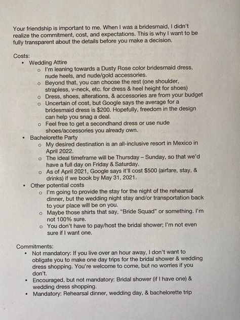 Bride-to-be shared a 2-page list of expectations for bridesmaids: Genius or rude? Ask Bridesmaids To Be In Wedding, Bridesmaid Letter, Marriage Expectations, Rose Colored Dress, Wedding Cake Display, Proposal Letter, Asking Bridesmaids, Bridesmaid Invitation, Designer Bridesmaid Dresses