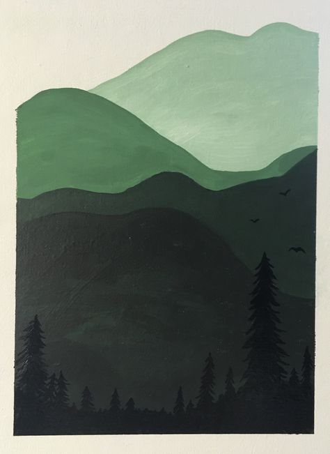 simple green mountain painting Minimalist Easy Paintings, Simple Acrylic Paintings Minimalist, Easy Canvas Painting Ideas Nature, Minimalist Green Art, Diy Green Painting Canvas, Cute Nature Paintings Easy, Diy Mountain Painting Simple, Dark Green Aesthetic Painting, Green Mountains Painting