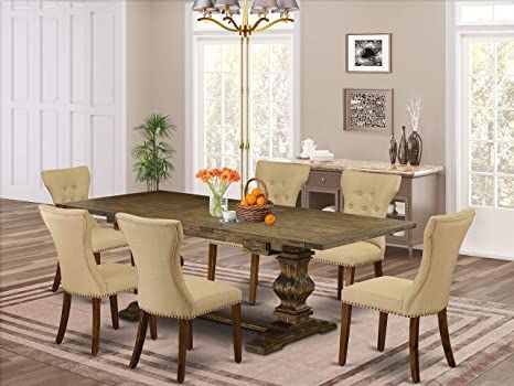 East West Furniture LAGA7-78-03 7-Piece Dining Table Set - 6 Dining Chairs with Brown Linen Fabric Back and Seat - Dining Table with Pedestal Legs - Antique Walnut & Distressed Jacobean Finish Fabric Kitchen Chairs, Fabric Dining Room Chairs, Mid Century Dining Table, Modern Dining Table Set, Kitchen Table Wood, Dinette Tables, Solid Wood Dining Set, Dining Furniture Sets, Dining Room Table Set