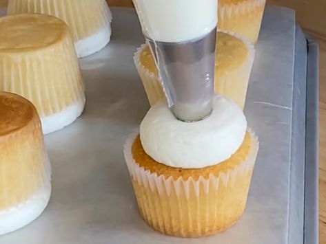 2 Tone Frosting Cupcake, How To Make Cupcake Frosting Flat, How To Make Flat Top Icing Cupcakes, Flatten Icing On Cupcakes, Flat Frosting On Cupcakes, How To Bake Flat Cupcakes, Iced Cupcakes Ideas, How To Flatten Icing On Cupcakes, Different Cupcake Frosting Techniques