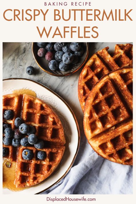 The BEST crispy buttermilk waffle recipe! Nothing fancy, just some pantry basics deliver a waffle that's crispy on the outside, soft and delicious on the inside. We love to pile them high with blueberries, drizzle with maple syrup and dust with powdered sugar. Crispy Buttermilk Waffles, Crispy Waffle Recipe Cornstarch, Crispy Waffles Recipe, Buttermilk Waffles Belgian, Best Crispy Waffle Recipe, Crispy Waffle Recipe, Buttermilk Waffle Recipe, Buttermilk Waffle, Buttermilk Waffles Recipe