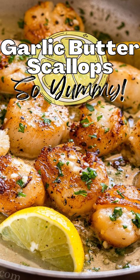 These simple Garlic Butter Scallops are pan-seared and seasoned to perfection. Serve by themselves or over freshly cooked pasta for an elegant, yet quick meal. Steak And Scallops Recipes, Bay Scallops And Pasta, How To Cook Scallops In Pan, Bay Scallop Recipes Easy, Air Fryer Scallops Recipe, Butter Scallops Recipe, Garlic Butter Scallops Recipe, Garlic Butter Scallops, Simple Garlic Butter