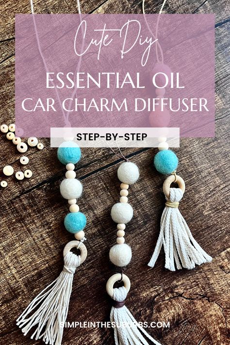 Picture of 3 car charm essential oil diffusers on wood table Macrame Oil Diffuser Car, Airfreshners For Car Diy, Felt Diffuser Diy, Homemade Car Diffuser, Macrame Car Defuser, Wood Bead Diffuser, How To Make Clay Car Diffusers, Wool Ball Car Diffuser Diy, How To Make Car Air Freshener Diy Beads