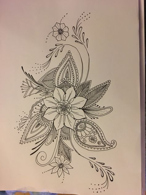 Fine Line Daisy And Rose Tattoo, Lilly Mandala Tattoo, Small Paisley Tattoo, Paisley And Flower Tattoo, Half Flower Half Mandala Tattoo, Paisley Flower Tattoos, Paisley Tattoo, Paisley Flower, Printable Adult Coloring Pages