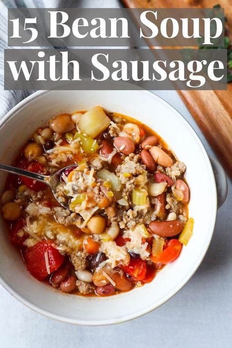 white bowl with 15 bean soup with sausage topped with fresh parmesan 25 Bean Soup, 15 Bean Soup With Sausage, Soup Recipe With Sausage, Bean Soup With Sausage, 15 Bean Soup Recipe, Bean Soup Crockpot, 16 Bean Soup, Recipe With Sausage, Bean And Sausage Soup