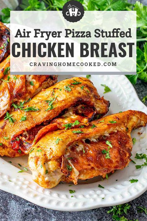 This air fryer Pizza Stuffed Chicken Breast has everything you love about pizza all rolled up into a pepperoni filled cheesy chicken dish! #pizza #stuffedchicken #recipe Air Fryer Pizza Chicken, Air Fryer Pepperoni Chicken, Pepperoni Mozzarella Stuffed Chicken, Air Fryer Pepperoni And Pesto Chicken, Stuffed Chicken Recipes Air Fryer, Pizza Chicken Breast, Air Fry Stuffed Chicken Breast, Air Fried Stuffed Chicken Breast, Pepperoni Stuffed Chicken Breast