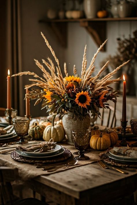 🍂 Set the perfect autumn mood with this elegant fall tablescape. A beautiful centerpiece of sunflowers and wheat brings warmth and vibrancy to the table, while soft candlelight adds a cozy glow. The rustic wooden table is complemented by rich, earthy tones in the dinnerware and decor, creating a welcoming and festive atmosphere. Accented with mini pumpkins, this setup is ideal for a cozy fall dinner or Thanksgiving gathering. 🍁🌻 Cottage Core Thanksgiving, Thanksgiving Tablescapes Ideas Rustic, Thanksgiving Cornucopia Centerpiece, Fall Tablescapes Autumn Centerpieces, Vintage Thanksgiving Decorations, Hotel Arrangements, Thanksgiving Tablescapes Elegant, Marsh Family, Fall Table Settings Autumn