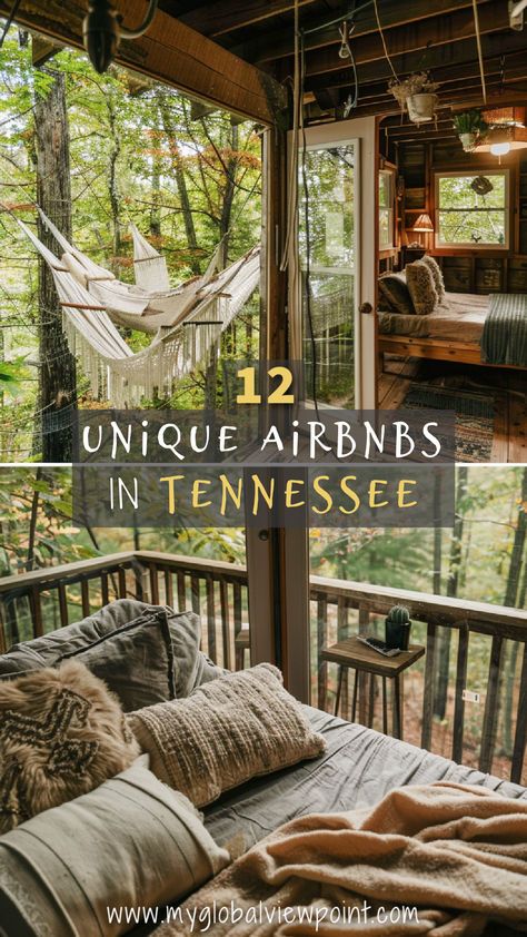 Interior and exterior views of a cozy treehouse Airbnb in Tennessee, showcasing a hammock on the porch and a comfortable bed with forest views. Perfect for a cabin weekend getaway or a relaxing vacation in the woods. Treehouse Airbnb Ideas, Tennessee Cabin Aesthetic, Airbnb Cabin Ideas, Treehouse Vacations, Cabin Airbnb, Airbnb Cabin, Treehouse Rentals, Treehouse Airbnb, Unique Airbnb