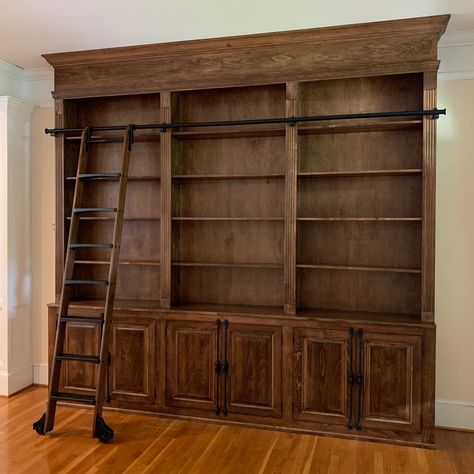 Ladder Library Bookshelves, Home Library Bookcases, Walnut Bookcase Built In, Old Fashioned Bookshelves, Built In Library Wall With Ladder, Home Library Chairs, Victorian Gothic Bookshelf, Antique Built In Bookcase, Custom Bookcases Built Ins