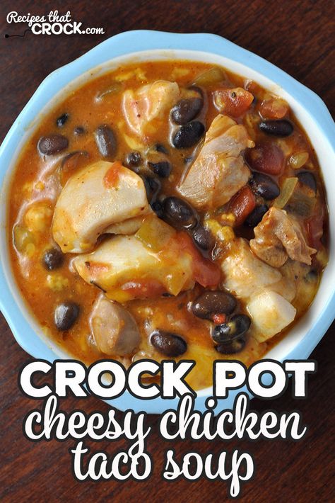 This Crock Pot Cheesy Chicken Taco Soup recipe is super simple and incredibly yummy. The flavors are like a party in your mouth! You are going to love it! via @recipescrock Taco Soup With Chicken Crock Pots, Crockpot Creamy Chicken Taco Soup, Easy Chicken Taco Soup Crock Pot, Slow Cooker Creamy Chicken Taco Soup, 7 Can Chicken Taco Soup Crock Pot, Crock Pot Cheesy Chicken, Chicken Taco Soup Recipe, Taco Soup Crock Pot, Dump Dinners