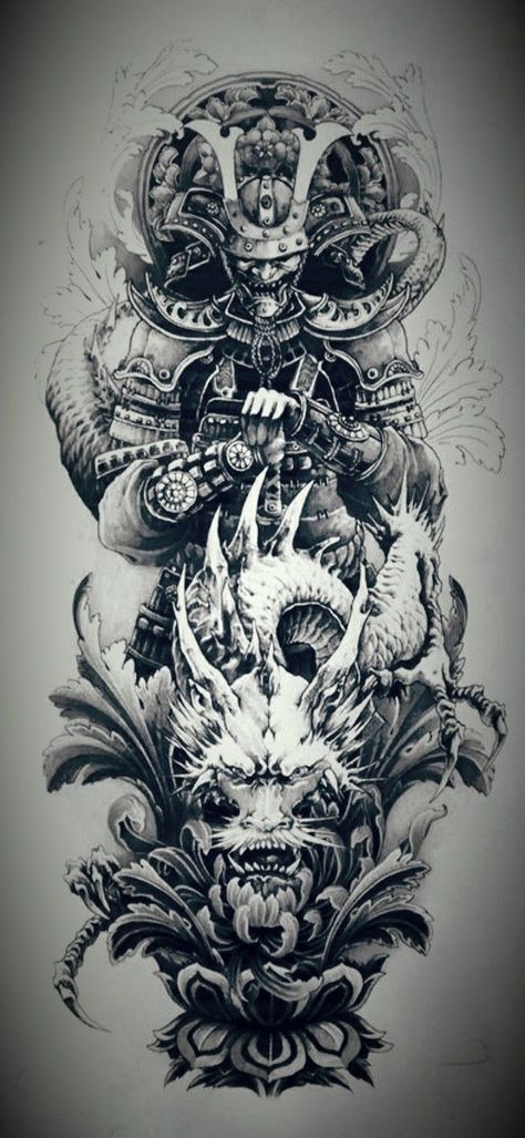 Dragon Tattoo Designs Forearm, Split Oni Mask Tattoo Design, Japanese Dragon And Samurai Tattoo, Samurai Sleeve Tattoo Design, Greek Mythology Cover Up Tattoo, Samurai Dragon Tattoo Design, Highly Detailed Tattoo, Japanese Air Tattoo, Calve Sleeve Tattoo