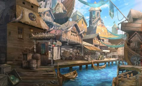 Fishing City Fantasy Art, Beach Village Fantasy Art, Pirate Castle Concept Art, Pirate Dock Concept Art, Fantasy Docks Concept Art, River Town Fantasy Art, Seaside Town Fantasy Art, Fantasy Sea Side Village, Dnd Coastal City