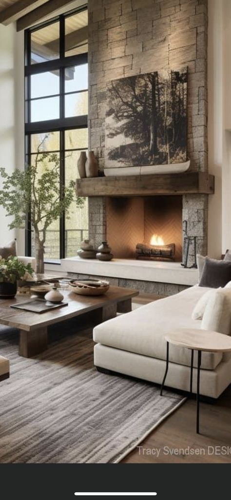 Fireplace Open Concept Living Room, Two Fireplaces In Living Room, Mountain Modern Fireplace Wall, Masonry Fireplace Living Rooms, Fireplace With Glass Doors On Each Side, Corner Stone Fireplace Living Room, Fireplace Ideas Vaulted Ceiling, Fireplace Wall With Windows, Ceiling Fireplace Ideas