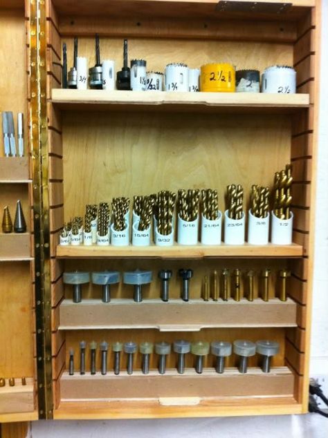 Photobucket Work Shop Storage Ideas Workshop Organization, Drill Press Bit Storage, French Cleat Drill Bit Storage, Arbejdsplads Garage, Workshop Organisation, Work Shop Building, Bit Storage, Small Parts Storage, Garage Workshop Organization