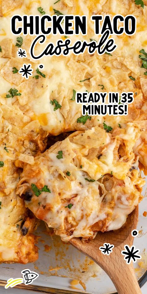 Chicken Taco Casserole Chicken Tacos Casserole, Creamy Taco Casserole, Chicken Tacos Casserole Recipe, Taco Chicken Casserole Recipes, Pulled Chicken Casserole, Chicken In Can Recipes, Leftover Taco Chicken Recipes, Cassarole Meals Cheap, Pulled Chicken Casserole Recipes