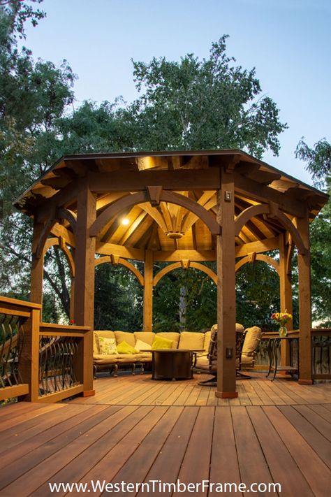 DIY Gazebo Kit over deck. #DIYGazeboKit #DIYCoveredDeck #TimberFrameGazeboKit Timber Frame Gazebo, Terrace Cover, Gazebo On Deck, Timber Pergola, Diy Gazebo, Gazebo Plans, Pergola Swing, Wooden Gazebo, Backyard Gazebo