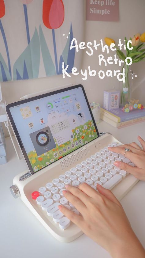 Retro Ipad Keyboard, Desk Pastel Aesthetic, Typewriter Keyboard Ipad, Retro Bluetooth Keyboard, Tablet With Keyboard Aesthetic, Cute Ipad Keyboard, Bluetooth Keyboard Aesthetic, Typewriter Keyboard Aesthetic, Wireless Keyboard Aesthetic