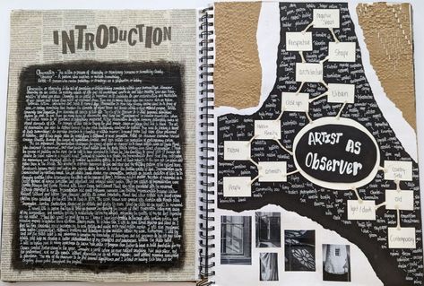 Black paint with newspaper cutouts Gcse Art Introduction Page, Art Introduction Page, Sketchbook Introduction Page, Portfolio Introduction Page, Project Introduction Page Design, 1st Page Of Sketchbook Ideas, Sketchbook Intro Page, Introduction Page For Project, Gcse Architecture