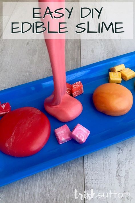 Easy DIY slime for kids without glue; edible slime recipe that is colorful and tasty. For kids of all ages! #slime #kids #summer #bytrishsutton Diy Edible Slime, Diy Slime For Kids, Starburst Recipe, Starburst Slime, Easy Diy Slime, Slime Kids, Starburst Minis, Edible Slime Recipe, Starburst Candy