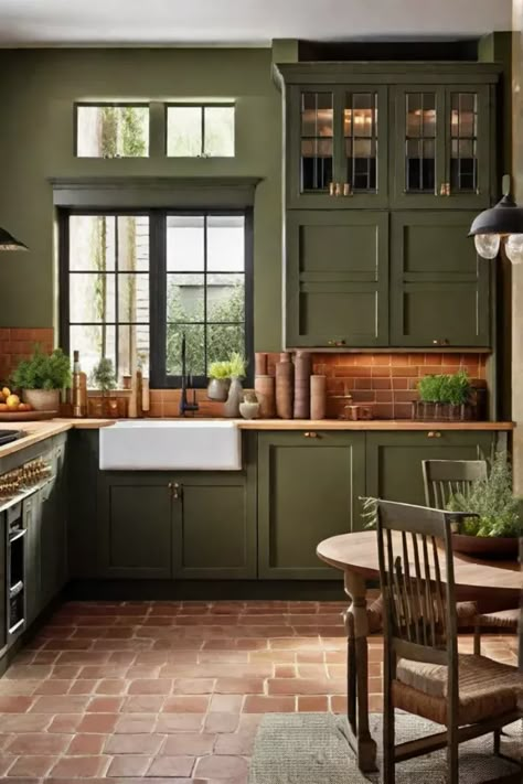 Detail of a rustic kitchen featuring terracotta tile backsplash paired with olive Kitchen Tile Floor Green Cabinets, Sage And Terracotta Kitchen, Ochre Kitchen Cabinets, Kitchen Terracotta Tiles, Olive Color Kitchen, Kitchen Design Tile Floor, Terracotta Tiles Kitchen Backsplash, Green Wall Kitchen Ideas, Green And Terracotta Kitchen