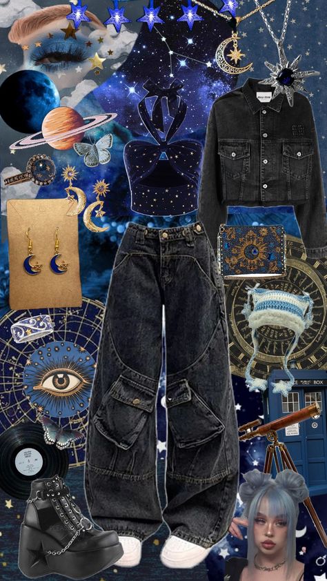 blue astrology girl #outfit #outfitinspo #inspo #blue #star #galaxy #pants #top #purse #hat #cute #jewelry #necklace #ring #earring #astrology #whimsigoth #goth Outerspace Theme Outfits, Cute Star Themed Outfits, Galactic Aesthetic Outfit, Space Themed Outfit Ideas, Galaxy Outfit Aesthetic, Blue Star Outfit, Blue Alien Aesthetic, Space Goth, Blue Goth Outfits