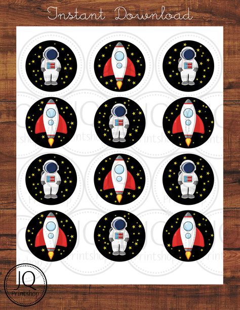 Thank you for visiting the JQPrintShop. This listing is for space themed circles. The circles can be used in a variety of ways. You can use them as cupcake toppers and attach to lollipop sticks or popsicle sticks with white or clear circle labels. You can punch one hole in the toppers and use as favor tags. You can also punch two holes (top center and bottom center) in the toppers and use them as straw accessories. The circles measure 2 inches. The circles have 2 designs. One is an astronaut and Birthday Astronaut, Space Cupcakes, Straw Accessories, Cupcake Toppers Free, Boys First Birthday Party Ideas, Space Theme Party, Fox Baby Shower, Space Birthday Party, Galaxy Theme