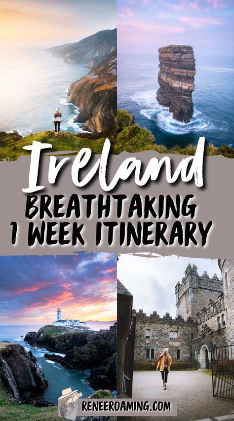 Photo collage of travel photographs of Ireland. Featuring gorgeous Ireland scenery, landscapes, coasts, and castles. Linked to a travel guide about Ireland and how to plan a week long trip around the country. Ireland One Week Itinerary, Southern Ireland Itinerary, Where To Visit In Ireland, Family Trip To Ireland, One Week In Ireland, 7 Days In Ireland Itinerary, Ireland Scotland England Itinerary, Ireland Itinerary One Week, Ireland Road Trip Map