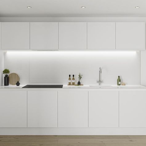 Matt White Handless Kitchen, White Kitchen Howdens, White Linear Kitchen, Handleless White Kitchen, White Morden Kitchen, White Kitchen Handleless, Hockley Super Matt Kitchen, Howdens White Kitchen, Howdens Hockley Kitchen